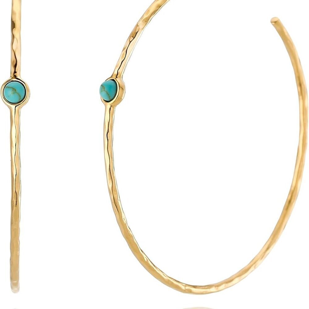 14K Gold-Plated Hoop Earrings with Blue Turquoise Dainty Lightweight Jewelry